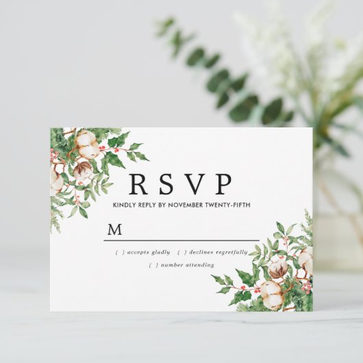 Holly Pine White Floral Winter Wedding RSVP Kaartje (Staand voorkant)
