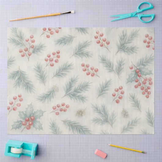 Holly & Pine Winter Botanical Background Decoupage Tissuepapier (Craft)