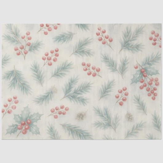 Holly & Pine Winter Botanische Achtergrond Decoupa Tissuepapier (Voorkant)