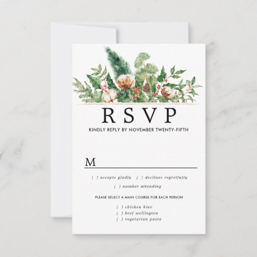Holly Pine Winter Wedding RSVP maaltijdopties (Voorkant)