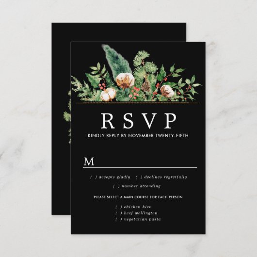 Holly Pine Winter Wedding RSVP maaltijdopties (Voorkant / Achterkant)