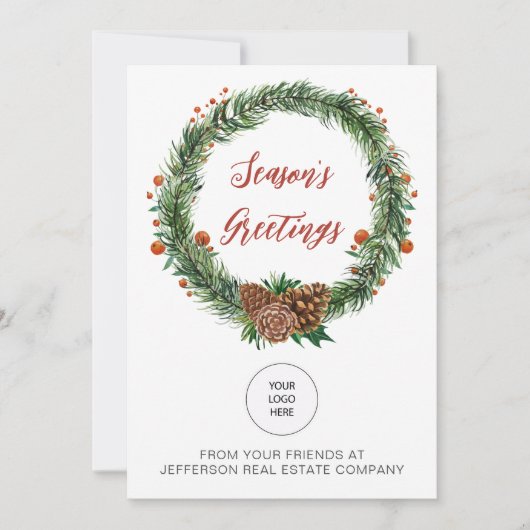 Holly Pine Wreath Company Logo Business Feestdagenkaart (Voorkant)