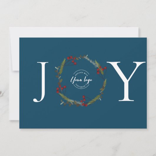 Holly Pine Wreath Joy Blue Business logo op maat Feestdagenkaart (Voorkant)