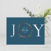 Holly Pine Wreath Joy Blue Business logo op maat Feestdagenkaart (Staand voorkant)