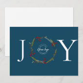 Holly Pine Wreath Joy Blue Business logo op maat Feestdagenkaart (Voorkant / Achterkant)