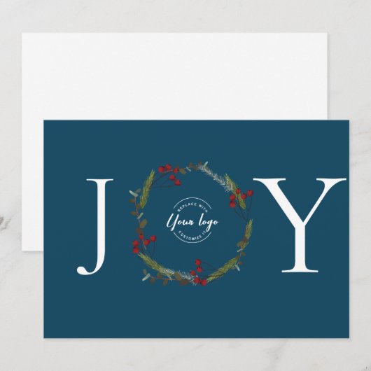 Holly Pine Wreath Joy Blue Business logo op maat Feestdagenkaart (Voorkant / Achterkant)