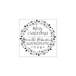 Holly & Pine Wreath Script Naam & Retouradres Rubberstempel