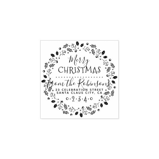 Holly & Pine Wreath Script Naam & Retouradres Rubberstempel (Afrduk)