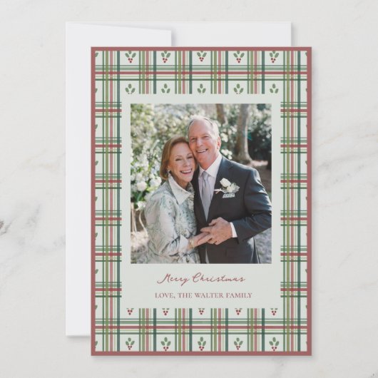 Holly Plaid Kerst Wenskaart met Foto Bedankkaart (Voorkant)