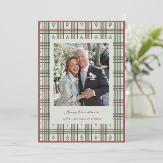 Holly Plaid Kerst Wenskaart met Foto Bedankkaart (Staand voorkant)