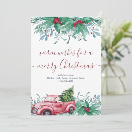Holly Planten Mistletoe en Red Truck Kerstmis Feestdagenkaart (Staand voorkant)
