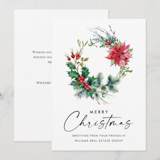 Holly Poinsettia Krans Kerstmis Zakelijk Feestdagenkaart (Voorkant / Achterkant)