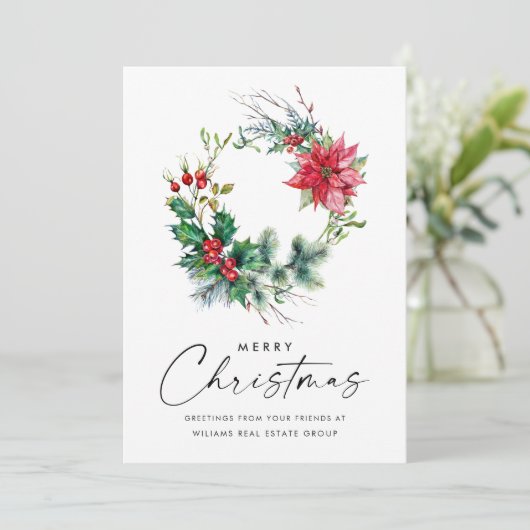 Holly Poinsettia Krans Kerstmis Zakelijk Feestdagenkaart (Staand voorkant)