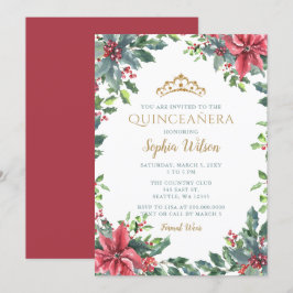 Holly Poinsettias Gold Princess Tiara Quinceañera Kaart