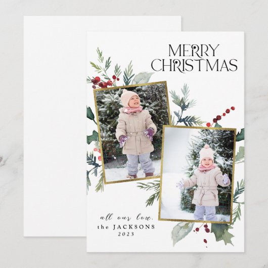 Holly Prettig Kerst 2 Foto Collage Pineneedle Feestdagenkaart (Voorkant / Achterkant)