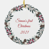 Holly, Red Berries en Pinecone Wreath Photo Keramisch Ornament (Achterkant)