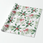 Holly Red Berries Greenery Holiday Kerstmis Cadeaupapier (Uitgerold)