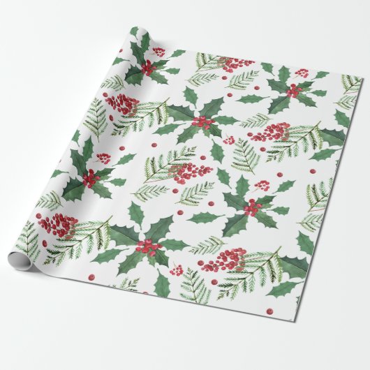 Holly Red Berries Greenery Holiday Kerstmis Cadeaupapier (Uitgerold)