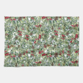 Holly, Red Berries, Mistletoe, kerstgroen Theedoek (Horizontaal)