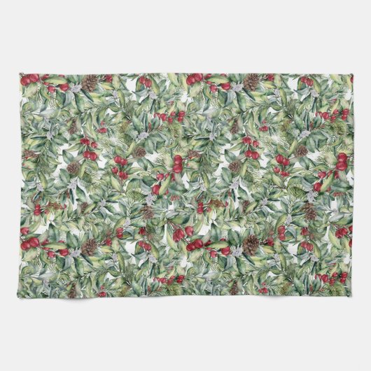 Holly, Red Berries, Mistletoe, kerstgroen Theedoek (Horizontaal)