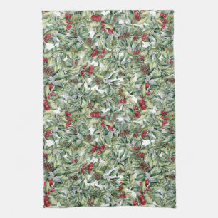 Holly, Red Berries, Mistletoe, kerstgroen Theedoek