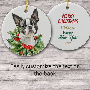 Holly Red Berry Boston Terrier Hond Keramisch Ornament