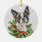 Holly Red Berry Boston Terrier Hond Keramisch Ornament (Voorkant)