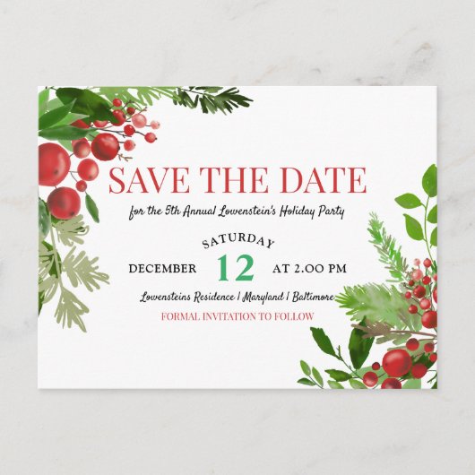 Holly | Red Berry Holiday Party Save the Date Aankondigingskaart (Voorkant)