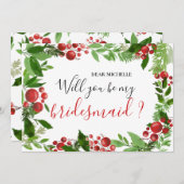 Holly Red Berry kerst Modern | Bridesmaid Kaart (Voorkant / Achterkant)