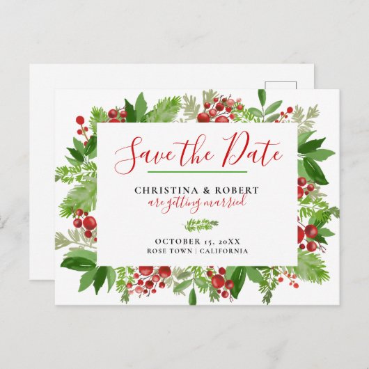 Holly Red Berry kerst Modern | Datum opslaan Aankondigingskaart (Voorkant / Achterkant)