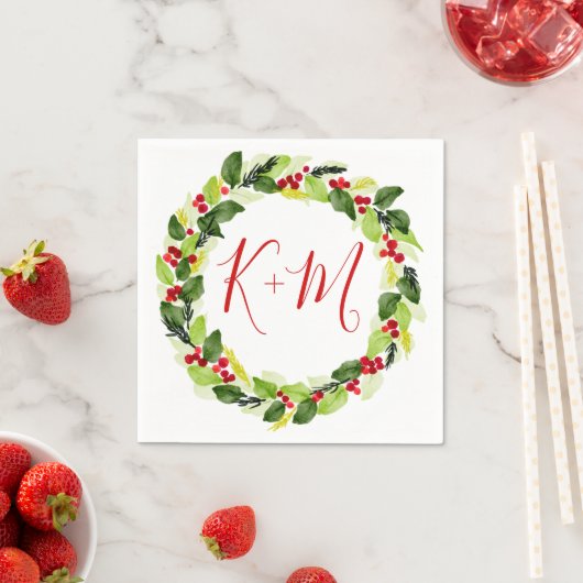 Holly Red Berry kerstbruiloft Monogram Servet (Insitu)