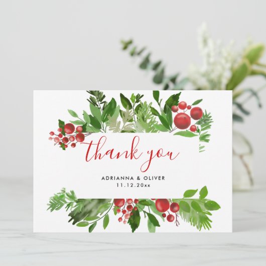 Holly Red Berry Kerstmis Modern Weddenschap Bedank (Staand voorkant)