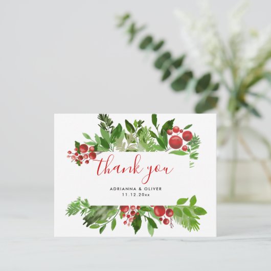 Holly Red Berry Kerstmis Modern Weddenschap Bedank Briefkaart (Staand voorkant)