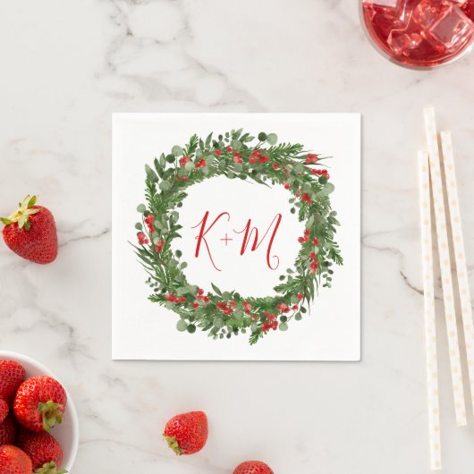 Holly Red Berry Kerstmis Wreath Weddenschap Monogr Servet (Insitu)