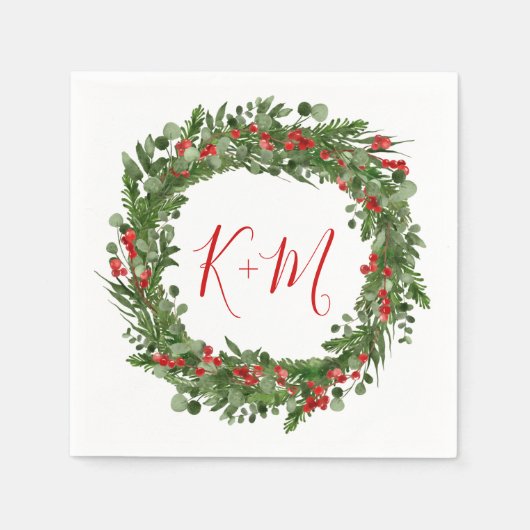Holly Red Berry Kerstmis Wreath Weddenschap Monogr Servet (Voorkant)