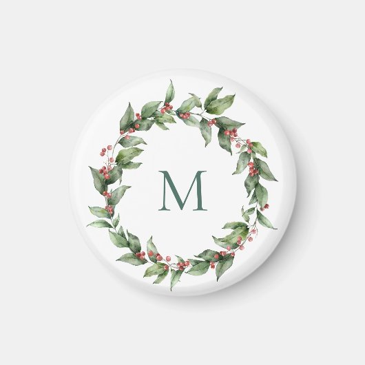 Holly Red Berry Monogram Kerstmis Magneet (Voorkant)