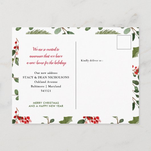 Holly Red Berry New Home | We hebben ons verplaats Aankondigingskaart (Achterkant)