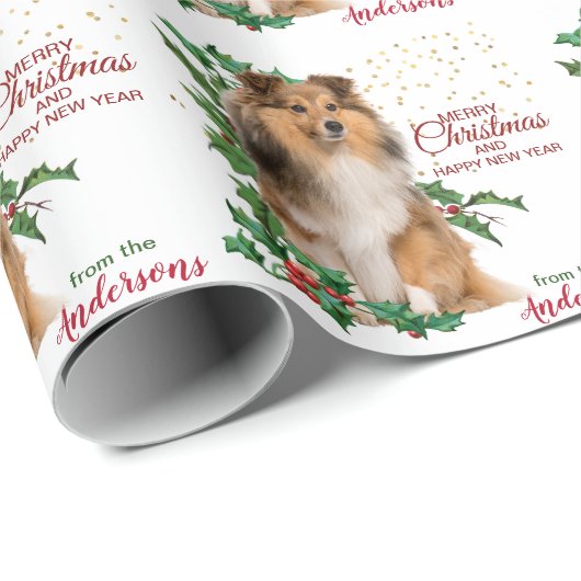 Holly Red Berry Shetland Sheepdog Kerstmis Cadeaupapier (Rol Hoek)