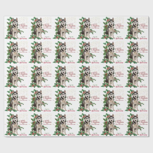 Holly Red Berry Siberian Husky Dog Kerstmis Cadeaupapier (Vlak)