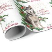 Holly Red Berry Siberian Husky Dog Kerstmis Cadeaupapier (Rol Hoek)