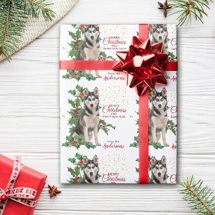 Holly Red Berry Siberian Husky Dog Kerstmis Cadeaupapier