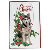 Holly Red Berry Siberian Husky Dog Kerstmis Medium Cadeauzakje (Voorkant)