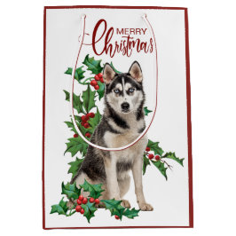 Holly Red Berry Siberian Husky Dog Kerstmis Medium Cadeauzakje