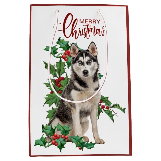 Holly Red Berry Siberian Husky Dog Kerstmis Medium Cadeauzakje (Voorkant)