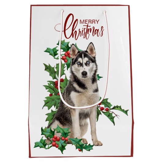 Holly Red Berry Siberian Husky Dog Kerstmis Medium Cadeauzakje (Achterkant)