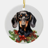 Holly Red Berry Zwart Tan Dachshund Hond Keramisch Ornament (Voorkant)
