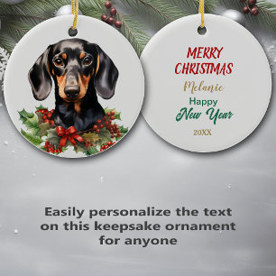 Holly Red Berry Zwart Tan Dachshund Hond Keramisch Ornament