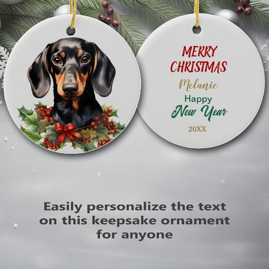 Holly Red Berry Zwart Tan Dachshund Hond Keramisch Ornament