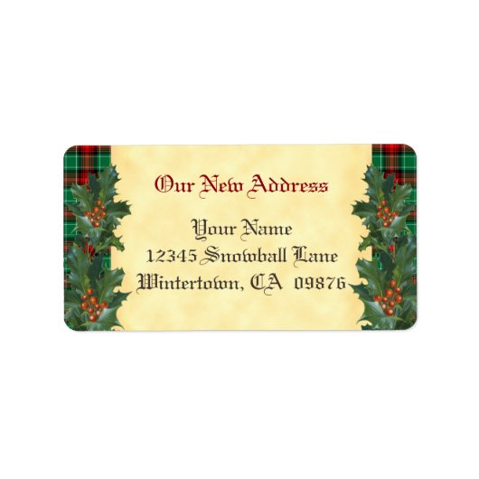 Holly Red Green Plaid Holiday Custom Nieuw Adres Etiket (Voorkant)