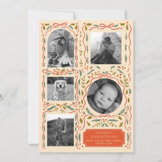 Holly Red Ribbon Kerstfoto Collage Feestdagenkaart (Voorkant)